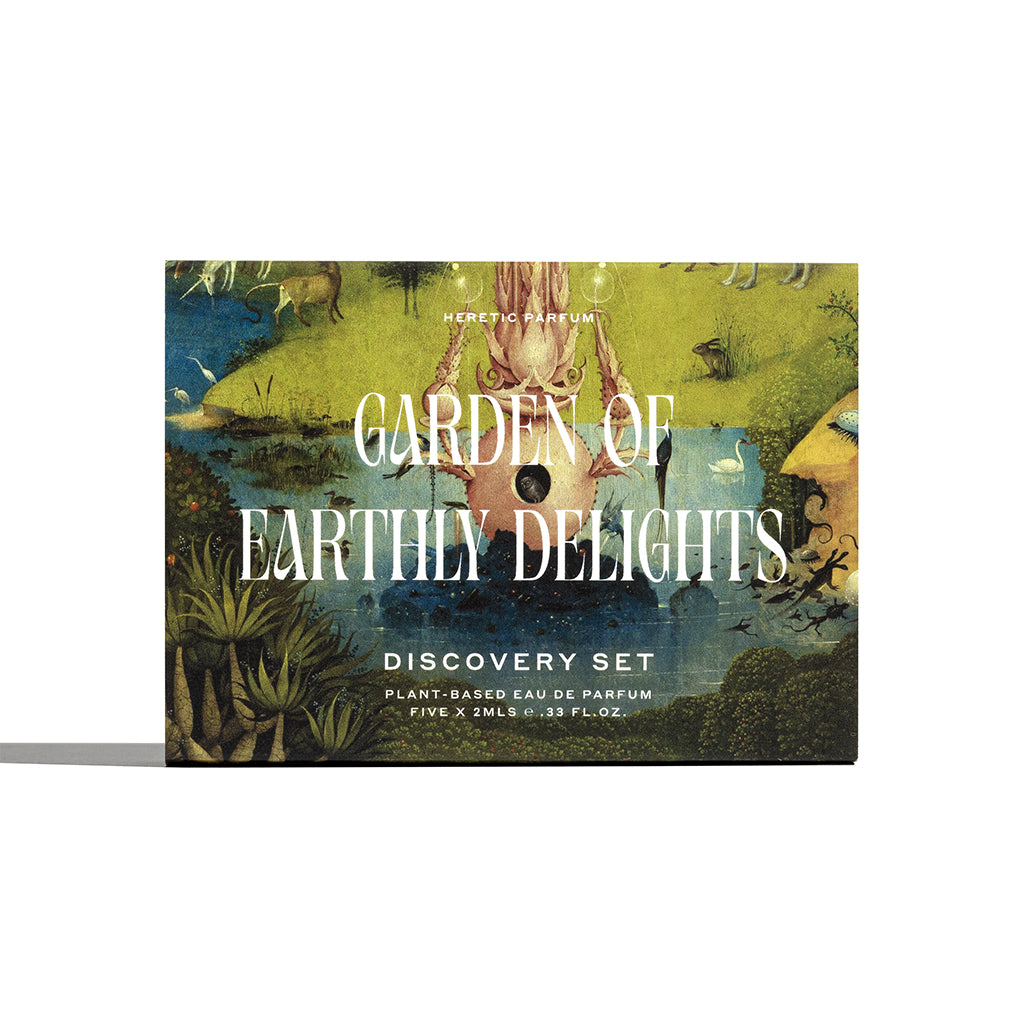 Garden of Earthly Delights perfume discovery set packaging on a white background