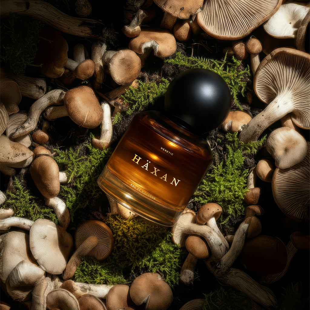 Häxan perfume bottle surrounded by mushrooms and moss