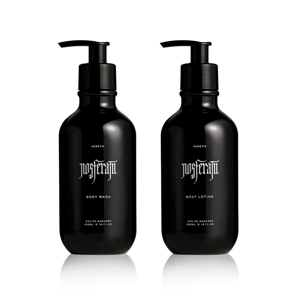 Two black bottles of nosferatu body wash and lotion on a white background