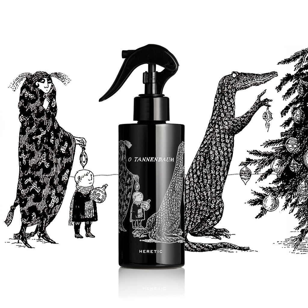 Black and white illustration of a bottle labeled 'O Tannenbaum' with decorative elements on a white background.