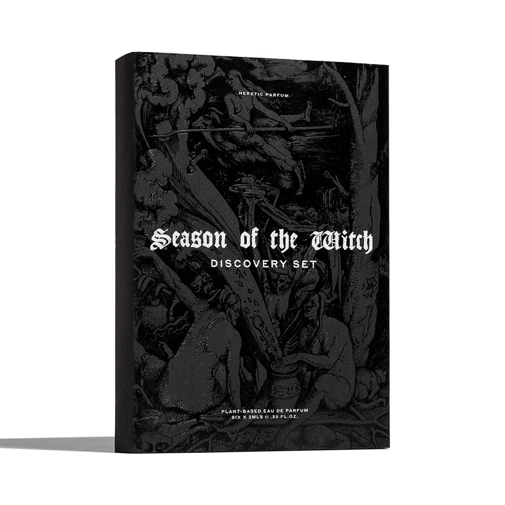 Black and white packaging of 'Season of the Witch' discovery set with artistic design.