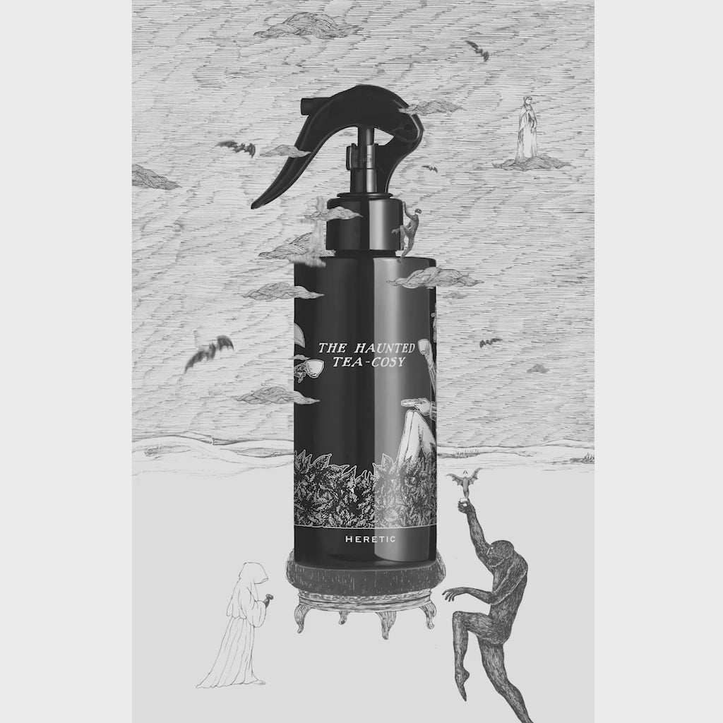 Room spray with animated Gorey illustrations